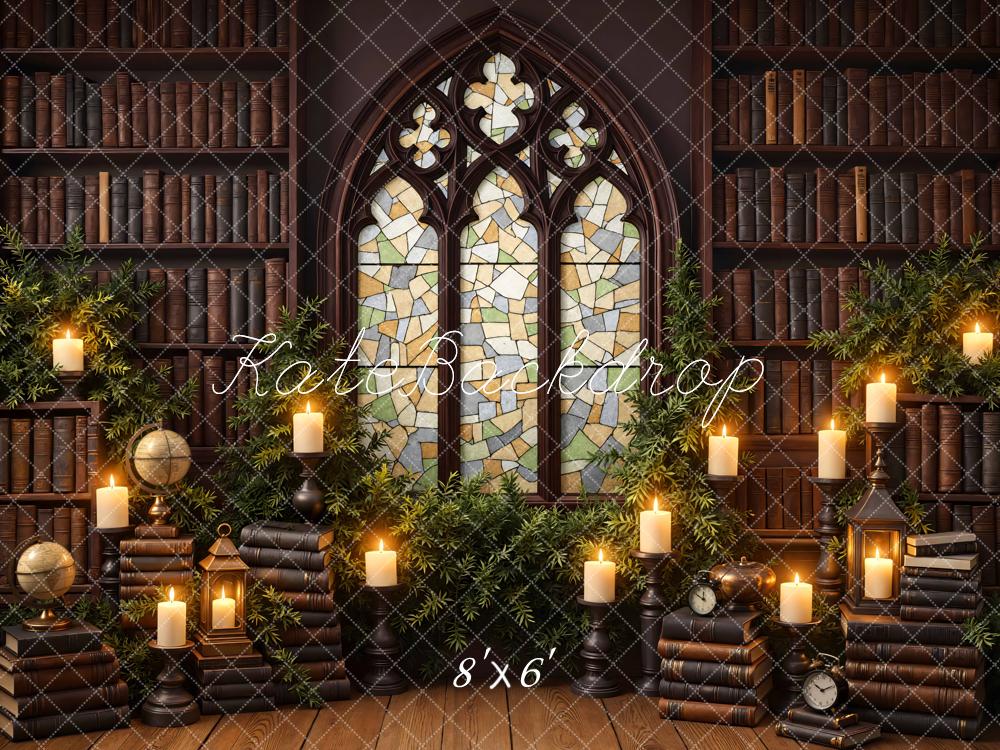 Kate Library Bookshelves Stained Glass Candles Backdrop Designed by Mini MakeBelieve