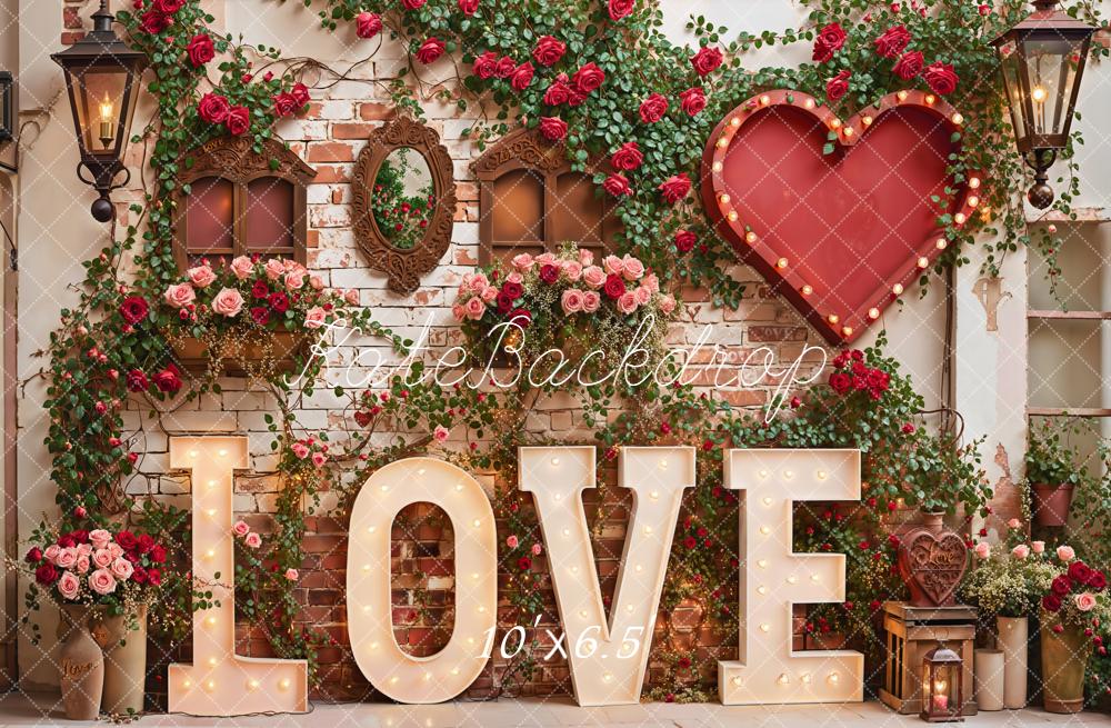 Kate Valentines Love Marquee Letters Heart Roses Vintage Brick Wall Backdrop Designed by Emetselch