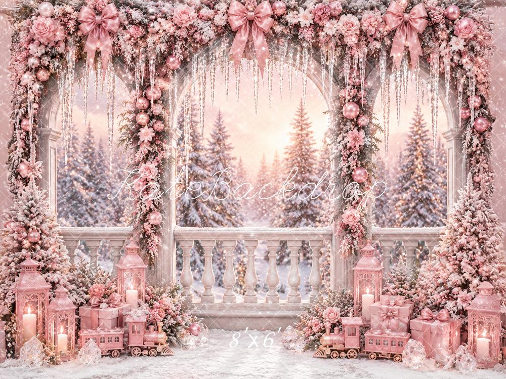 Kate Christmas Pink Flower Arch Terrace Snow Printed Backdrop Designed by Ashley Paul