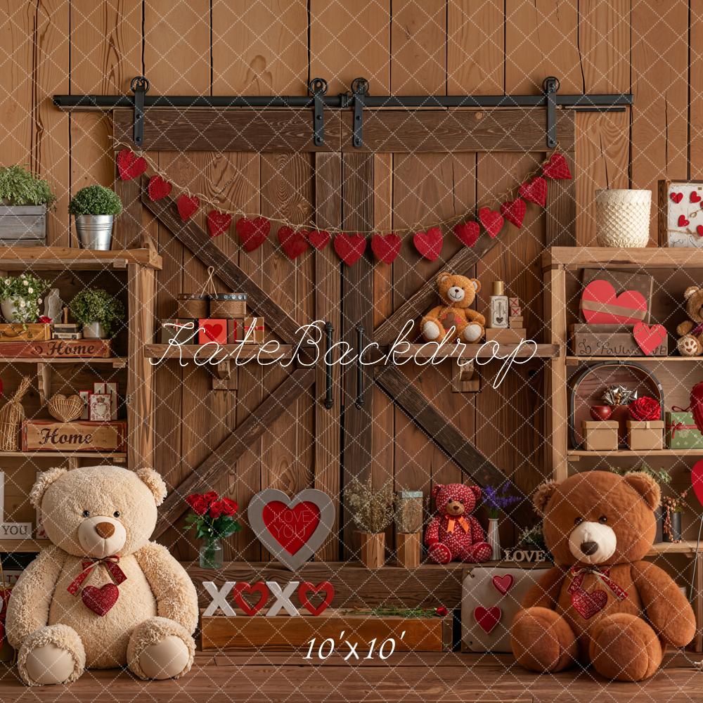 Kate Valentine's Day Teddy Bears Wooden Shelves Red Hearts Backdrop Designed by Emetselch