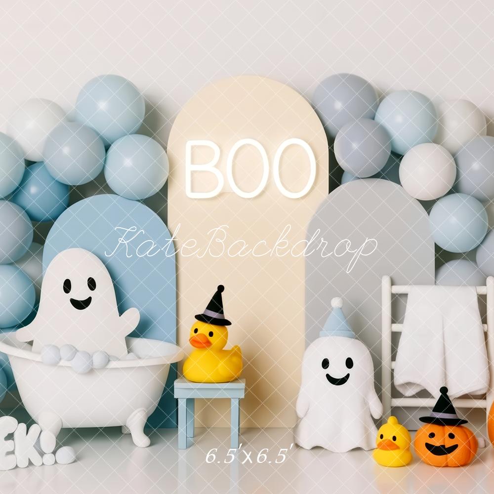 Kate Halloween Ghost Shower Bathtub Pastel Balloons Pumpkins Backdrop Designed by Patty Roberts