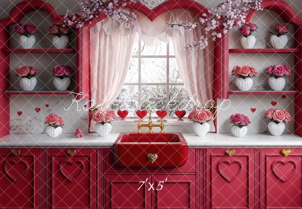 Kate Valentine's Red Heart Kitchen Roses Backdrop Designed by Mini MakeBelieve