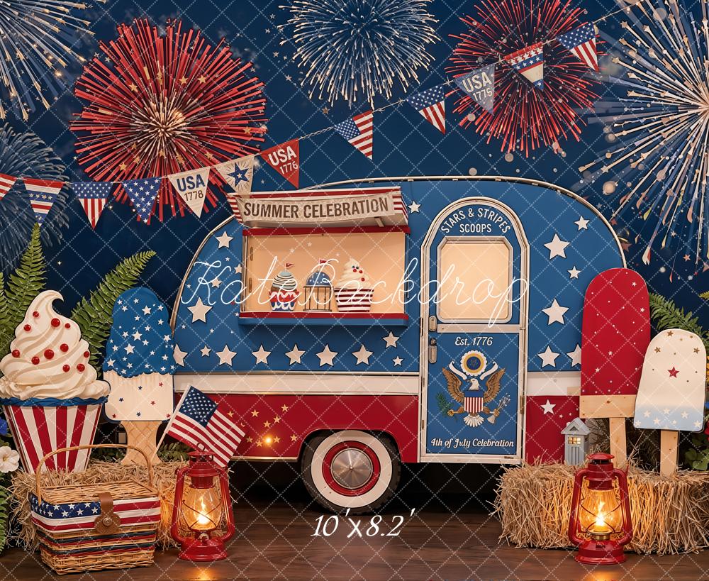 Kate 4th of July Ice Cream Truck Fireworks Patriotic Treats Printed Backdrop Designed by Emetselch