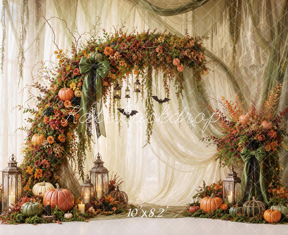 Kate Halloween Fall Green Drapes Pumpkins Flower Arch Lanterns Printed Backdrop Designed by Emetselch