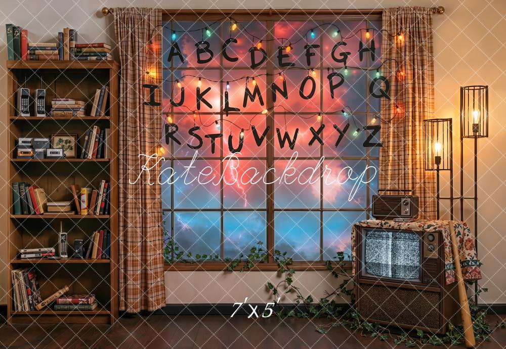 Kate Retro Living Room Alphabet String Lights Window Printed Backdrop Designed by Emetselch