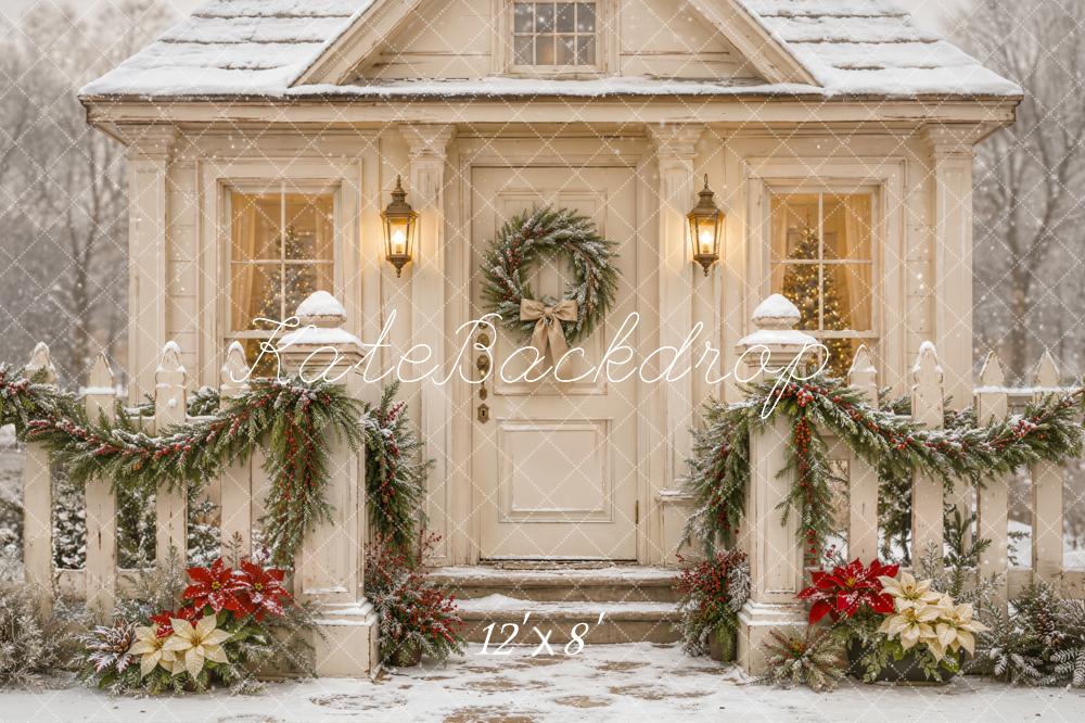 Kate Christmas White Cottage Snow Garland Wreath Printed Backdrop Designed by Emetselch