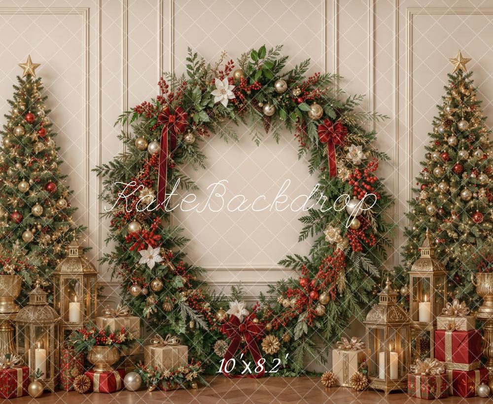 Kate Christmas Greenery Wreath Arch Trees Lanterns Cozy Printed Backdrop Designed by Emetselch
