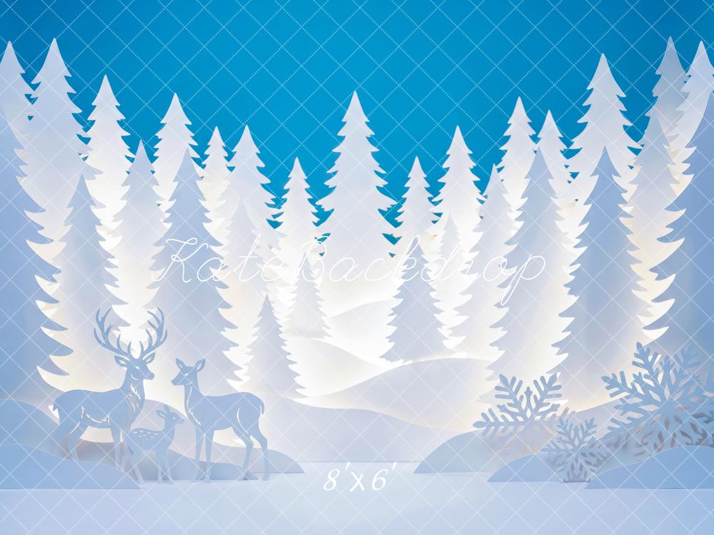 Kate Winter Blue Snowy Forest Paper Silhouettes Deer Snowflakes Printed Backdrop Designed by Patty Roberts