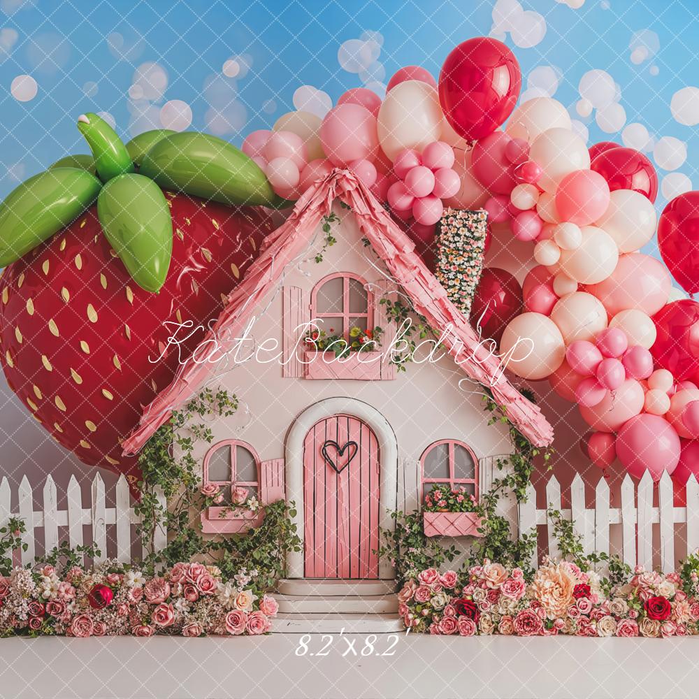 Cake Smash Zomer Aardbei Huis Ballonnen Bloemen Foto Achtergrond Designed by Emetselch