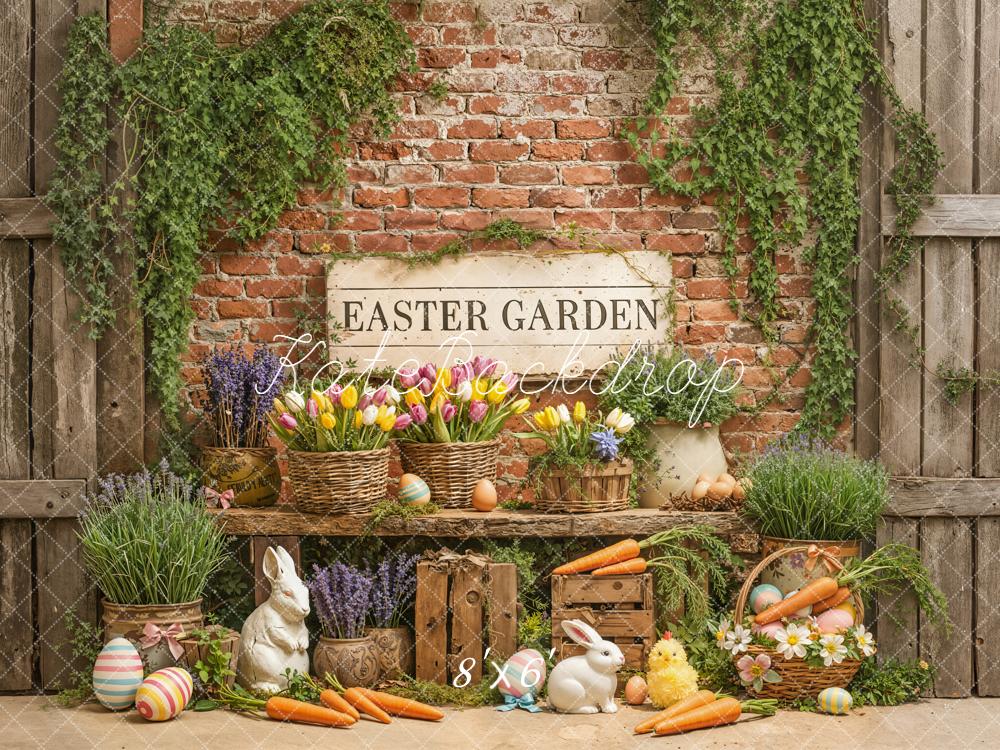 Kate Easter Bunny Flowers Greenery Vintage Brick Wall Backdrop Designed by Emetselch