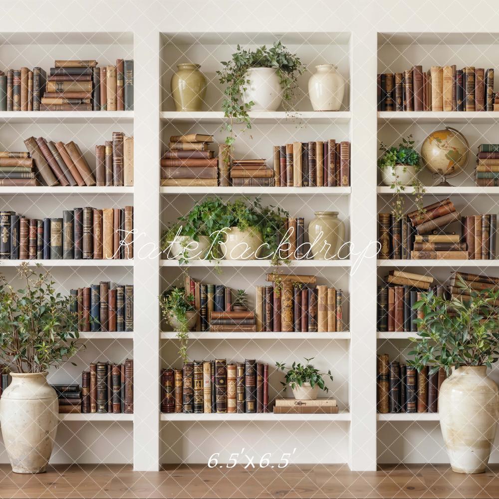 Kate Bookshelf White Shelves Books Plants Vases Printed Backdrop Designed by Emetselch