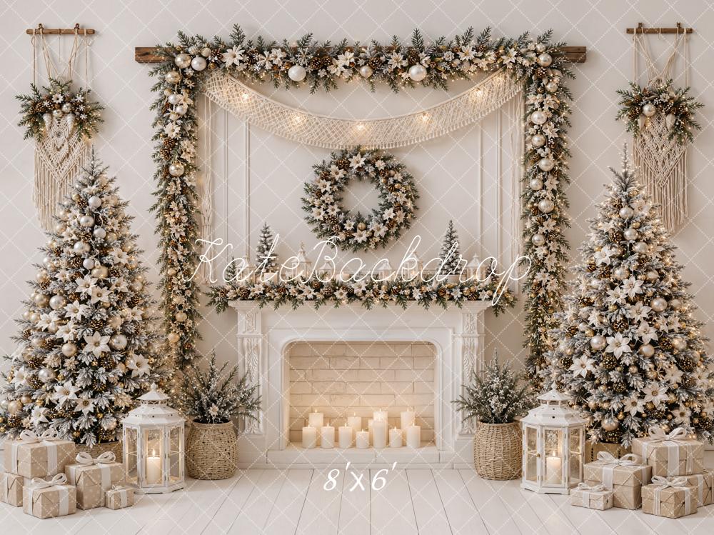 Kate Christmas Fireplace Boho Poinsettia Garland White Trees Gifts Printed Backdrop Designed by Emetselch
