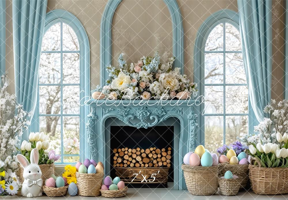 Kate Easter Bunny Floral Fireplace Blue Backdrop Designed by Mini MakeBelieve