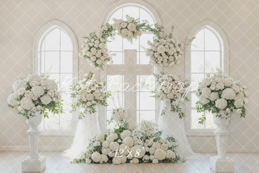 Kate Romantic Church White Flower Arch Cross Windows Printed Backdrop Designed by Emetselch