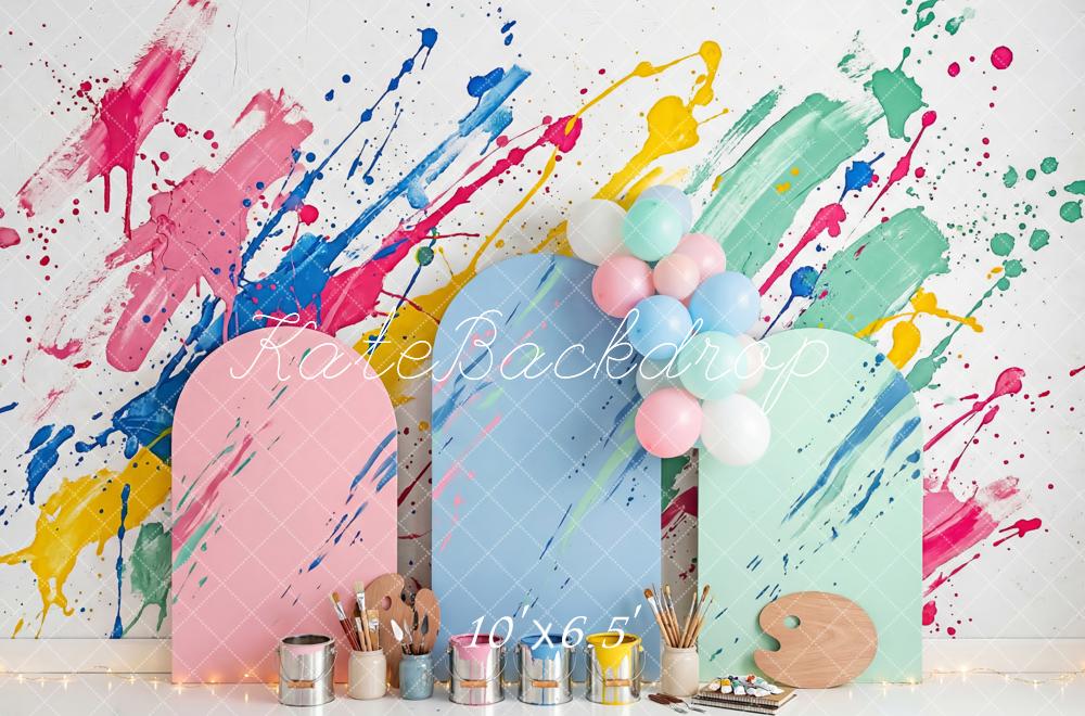 Kate Party Paint Splatter Art Pastel Panels Balloons Printed Backdrop Designed by Patty Roberts