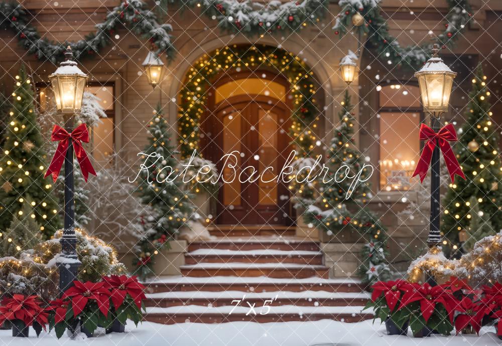 Kate Christmas Snowy Porch Garland Red Bows Lamppost Backdrop Designed by Emetselch
