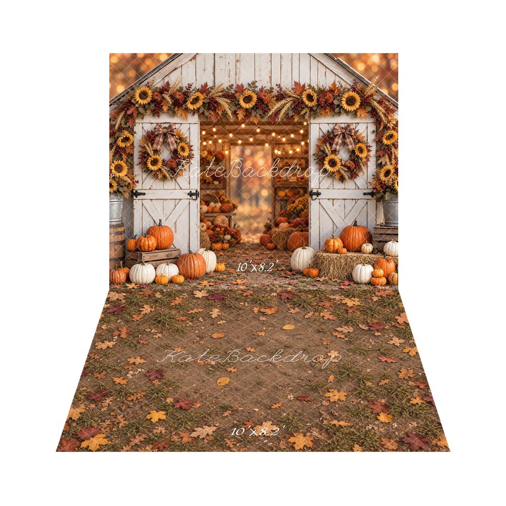 Kate Fall White Barn Sunflower Wreath Garland Pumpkin Printed Backdrop+Fall Leaves Grass Floor Printed Backdrop