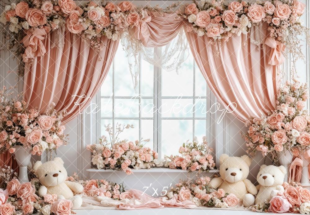 Kate Valentine‘s Day Teddy Bear Pink Floral Window Backdrop Designed by Patty Roberts