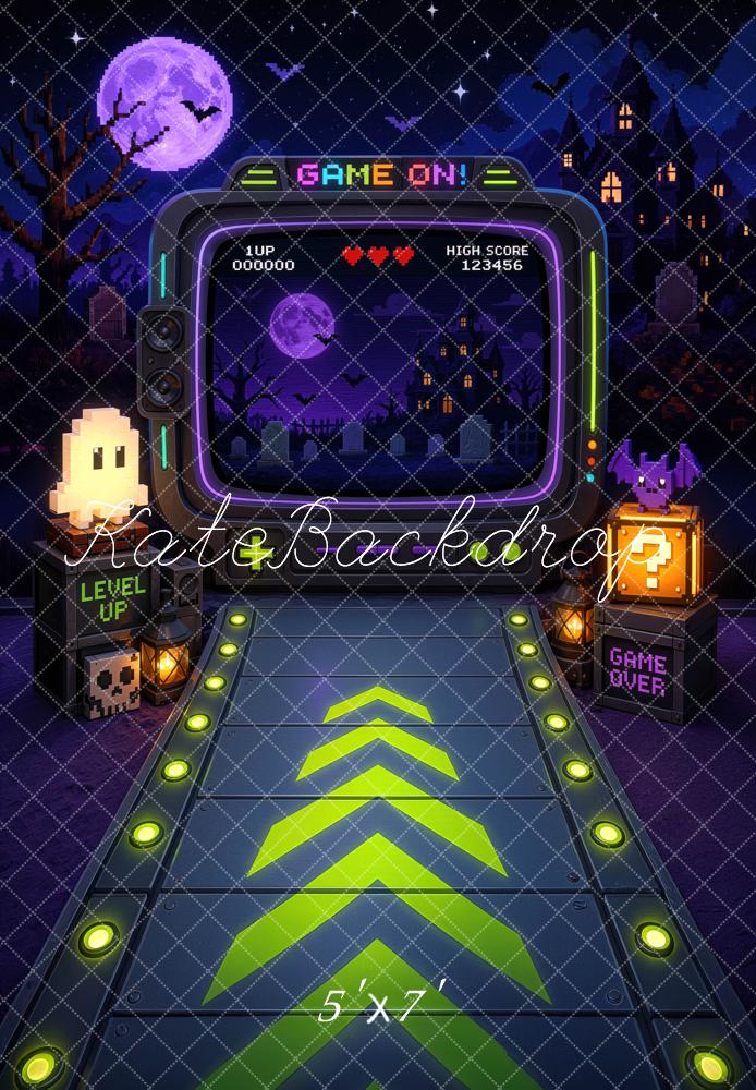 Kate Halloween Trunk or Treat Video Games Haunted House Printed Backdrop Designed by Mini MakeBelieve