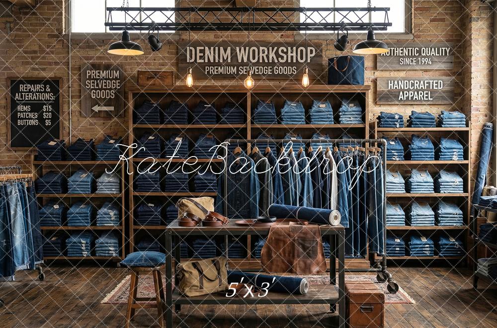 Kate Denim Workshop Brick Wall Shelves Printed Backdrop Designed by Patty Roberts