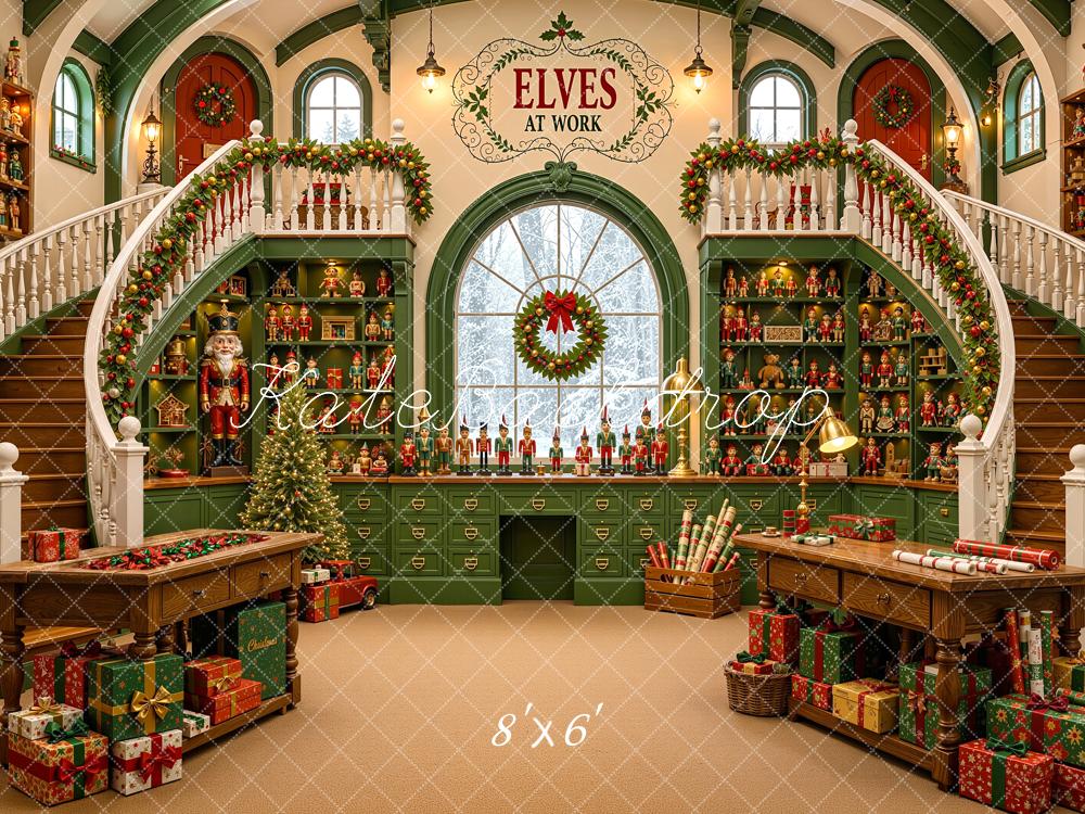 Kate Christmas Green Elves Toy Workshop Staircase Printed Backdrop Designed by Shutter Swan Studios