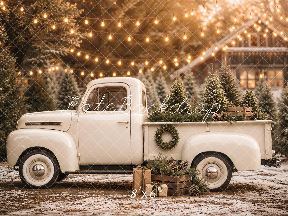 Kate Christmas Vintage Truck Pine Trees String Lights Printed Backdrop Designed by Emetselch