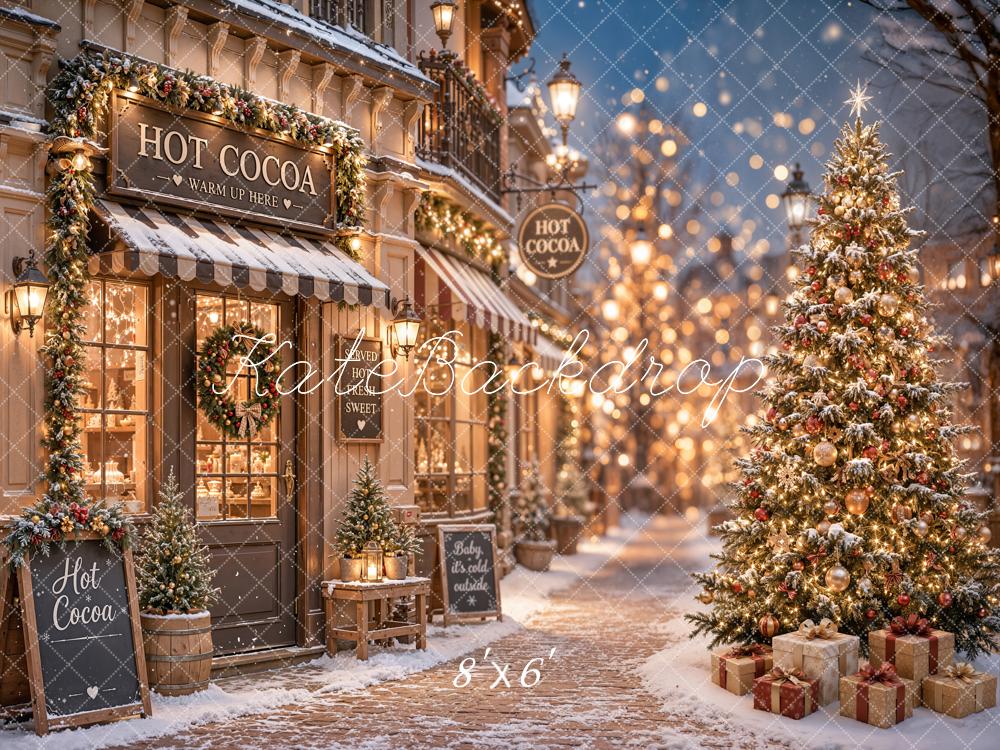 Kate Christmas Hot Cocoa Shop Snowy Street Christmas Tree Printed Backdrop Designed by Emetselch