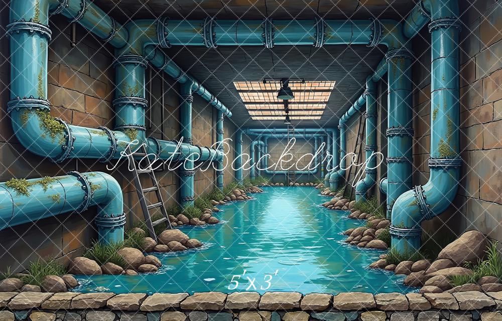 Kate Underground Water Tunnel Blue Pipes Printed Backdrop Designed by Laura Bybee