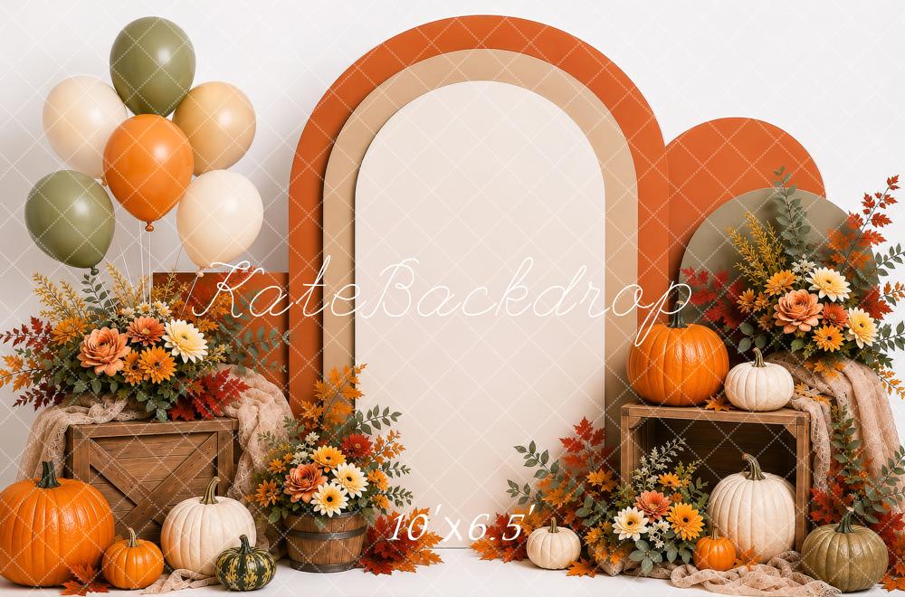 Kate Fall Cake Smash Pumpkins Floral Arch Balloons Printed Backdrop Designed by Shutter Swan Studios