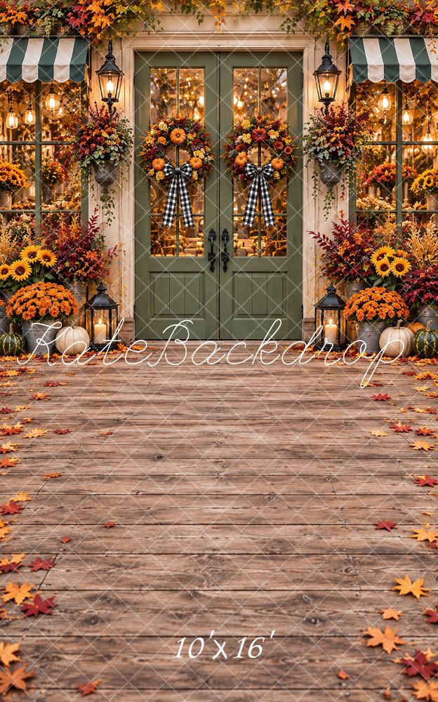 Kate Sweep Fall Pumpkin Wreath Green Door Printed Backdrop Designed by Vertigo Productions