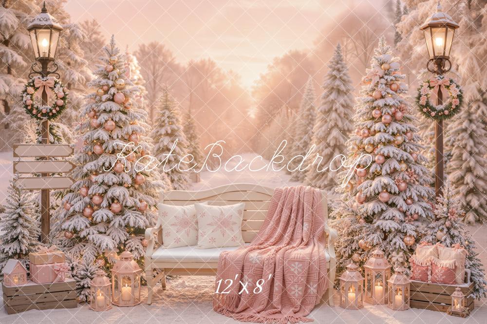 Kate Christmas Snowy Trees Bench Pink Gifts Outdoor Printed Backdrop Designed by Emetselch