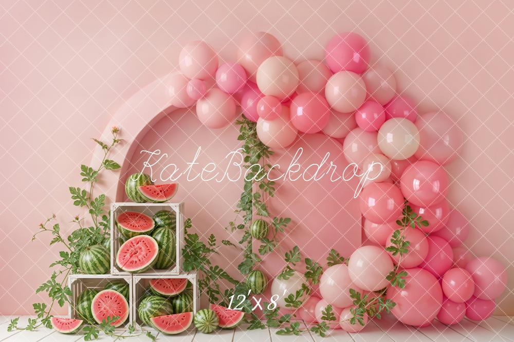 Kate Cake Smash Pink Balloon Arch Watermelon Crate Printed Backdrop Designed by Emetselch
