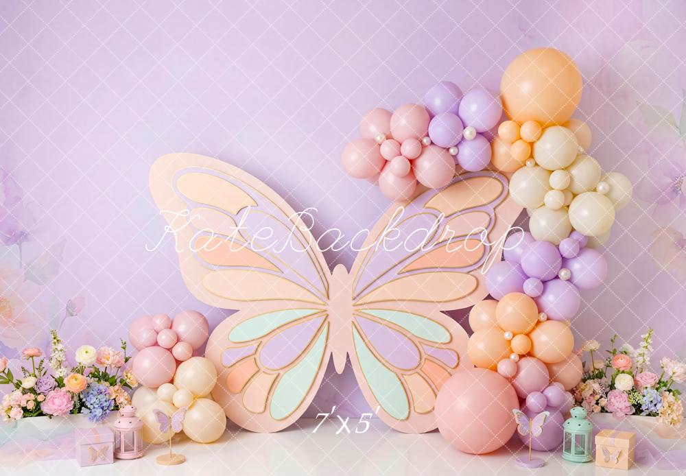 Kate Cake Smash Pastel Butterfly Balloons Flowers Printed Backdrop Designed by Patty Roberts