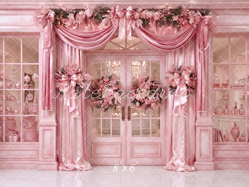 Kate Christmas Shop Pink Floral Doorway Drapery Bow Printed Backdrop Designed by Angela Miller