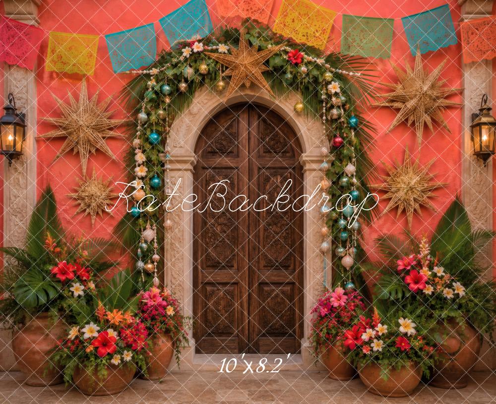 Kate Mexican Christmas Red Arched Door Garland Stars Printed Backdrop Designed by Vertigo Productions