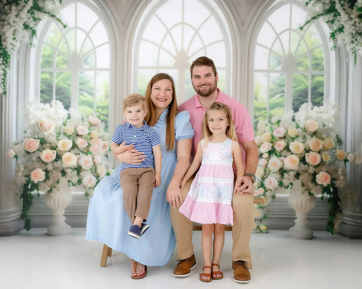 Kate White Floral Cathedral Windows Spring Backdrop Designed by Mini MakeBelieve