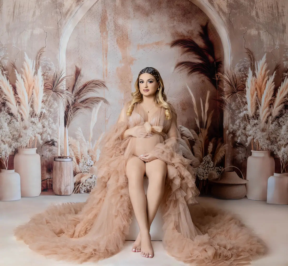 Kate Boho Dark Beige Arched Wall Pampas Grass Backdrop Designed by Patty Robert