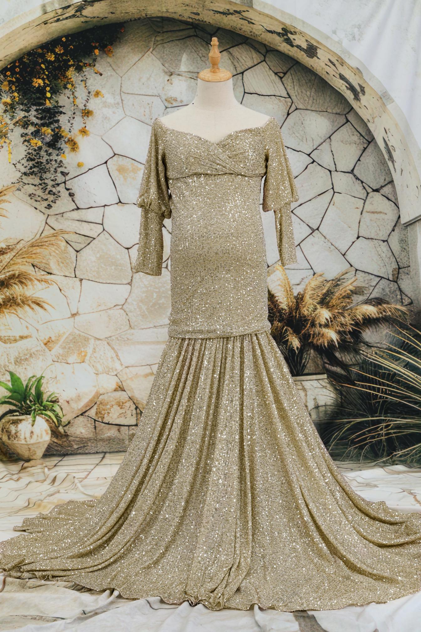 Kate Sequin Embroidery Trailing Detachable Sleeve Custom Maternity Photoshoot Gowns