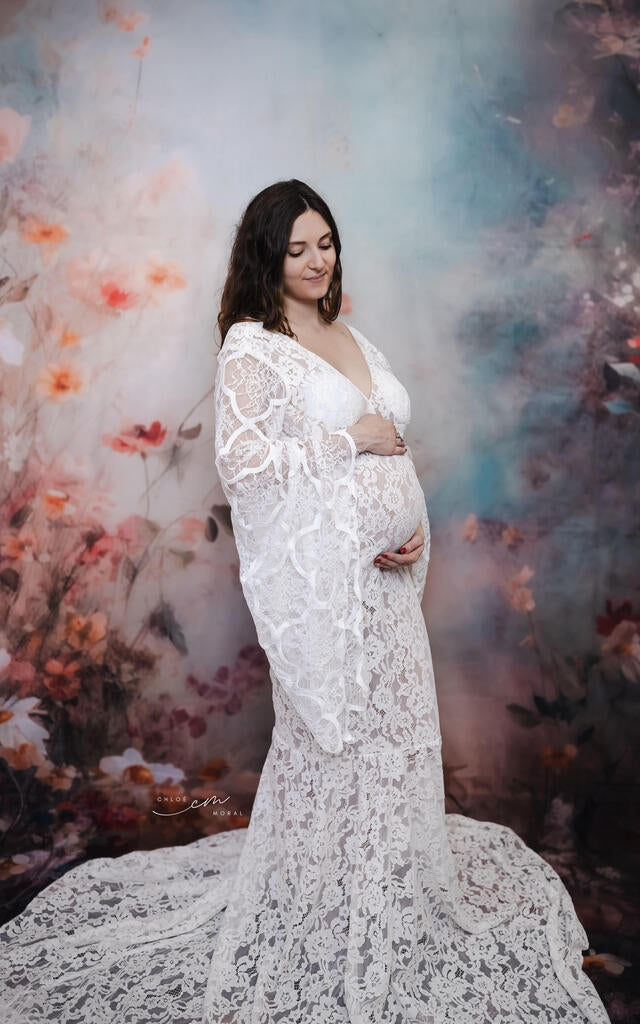 Kate Lace V-Neck Trailing White Custom Maternity Photoshoot Gowns, XL / White Kate Lace V-Neck Trailing White Custom Maternity Photoshoot Gowns, XL / White