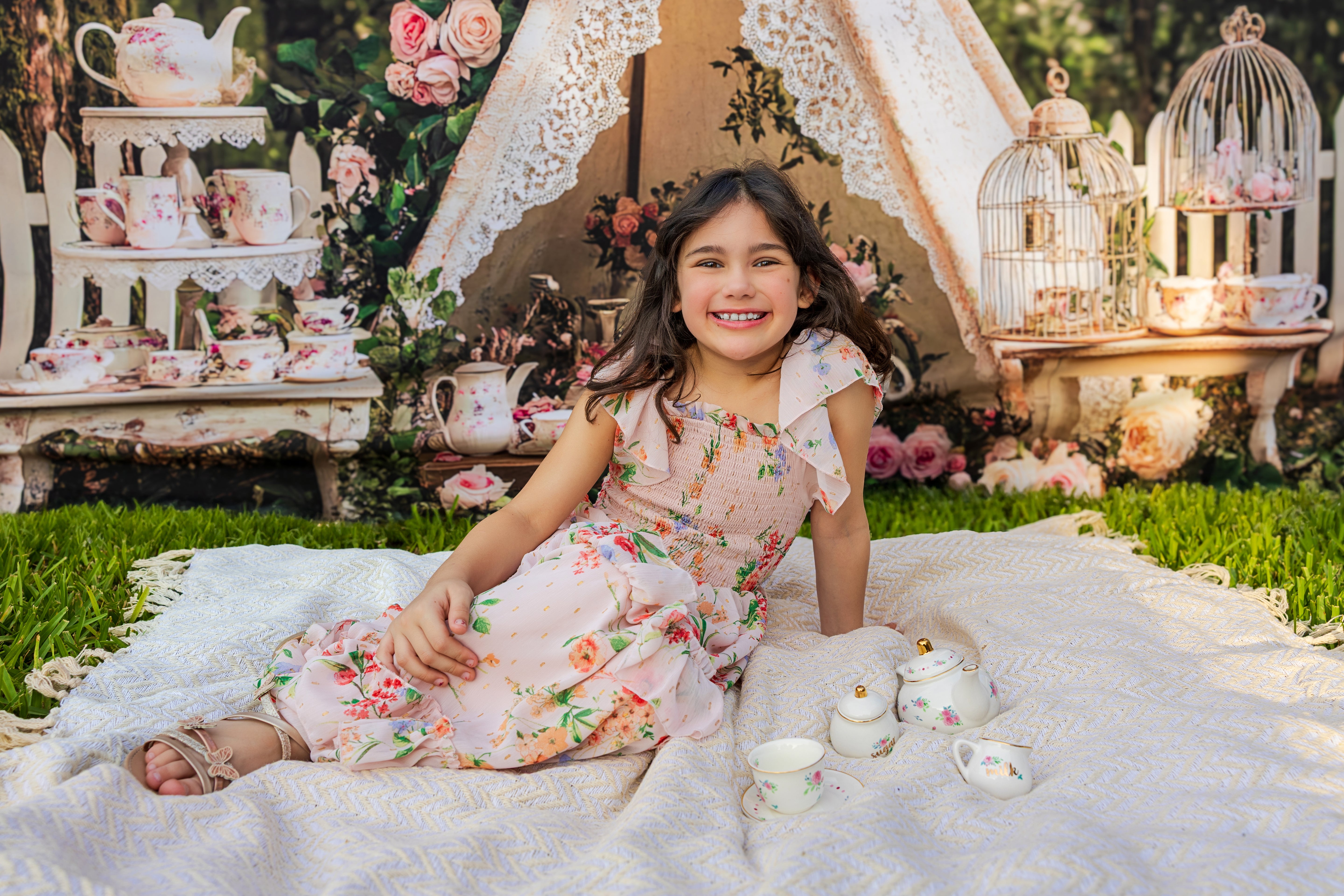 Kate Boho Teapot Party Floral Forest Backdrop Designed by Ashley Paul