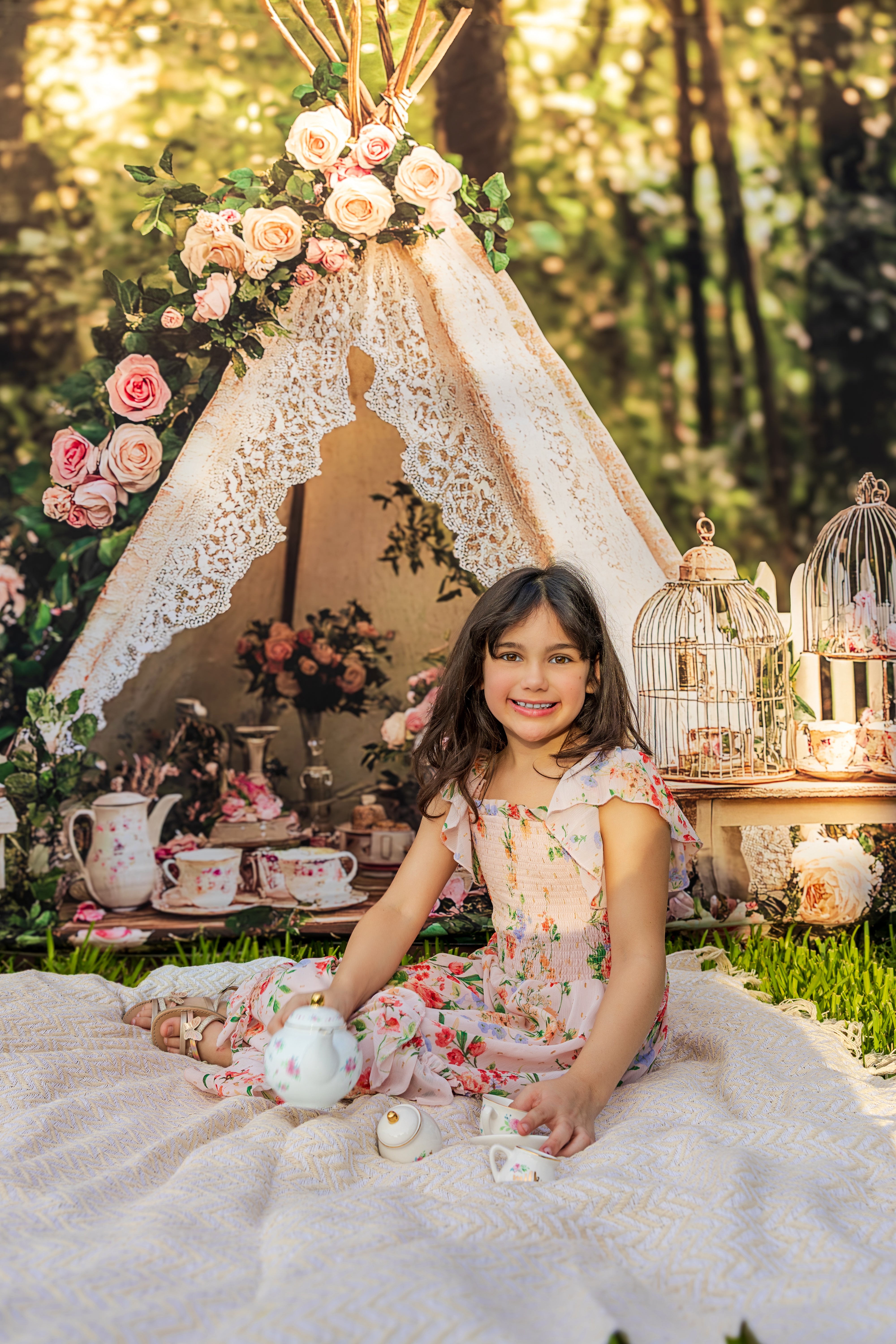 Kate Boho Teapot Party Floral Forest Backdrop Designed by Ashley Paul