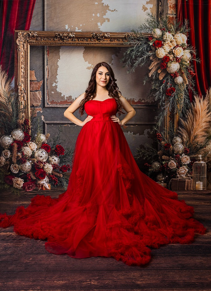 Kate Boho Frame Vintage Floral Red Curtains Backdrop+Chocolate Wood Grain Floor Backdrop