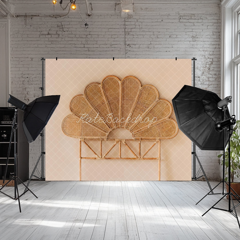 Kate Brown Bamboo Rattan Woven Petal Headboard Printed Backdrop Designed by Emetselch