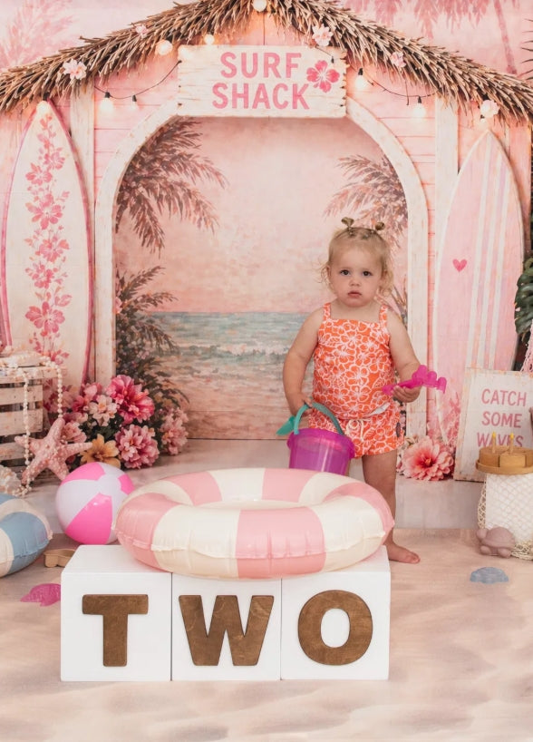 Kate Summer Beach Arch Pink Surfboards Flowers Printed Backdrop Designed by Caitlin Lynch