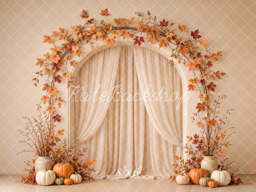 Kate Fall Maple Leaves Arch Pumpkins Beige Wall Printed Backdrop Designed by Emetselch