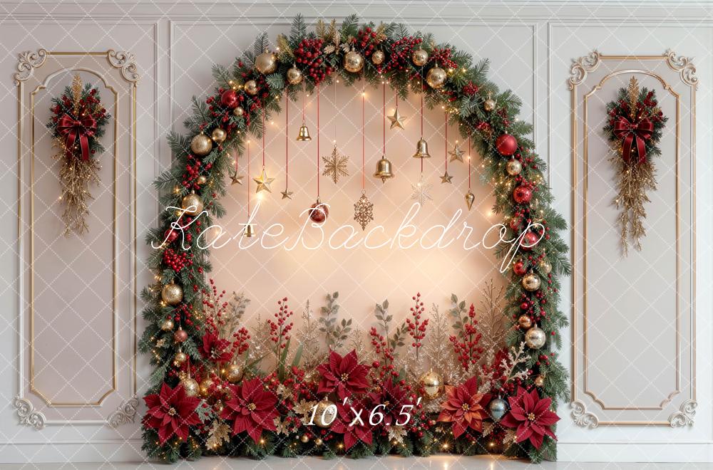 Kate Christmas Arch Ornaments Poinsettias Retro Wall Printed Backdrop Designed by Mini MakeBelieve