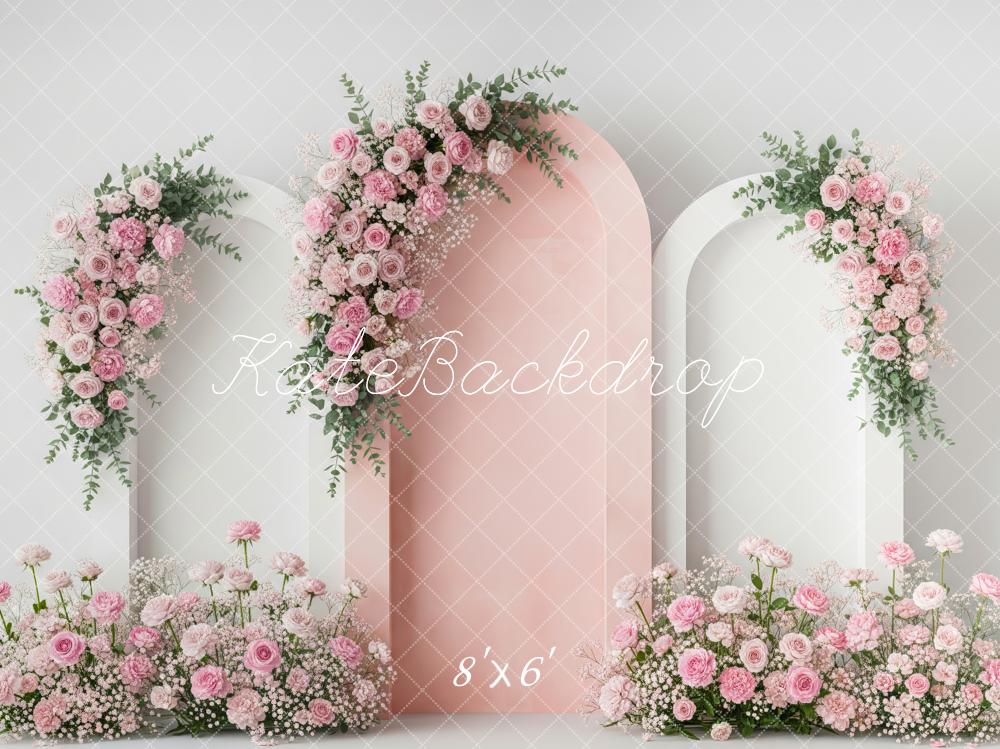 Kate Spring Pink Flower Arch With Floral Arrangements Printed Backdrop Designed by Patty Roberts