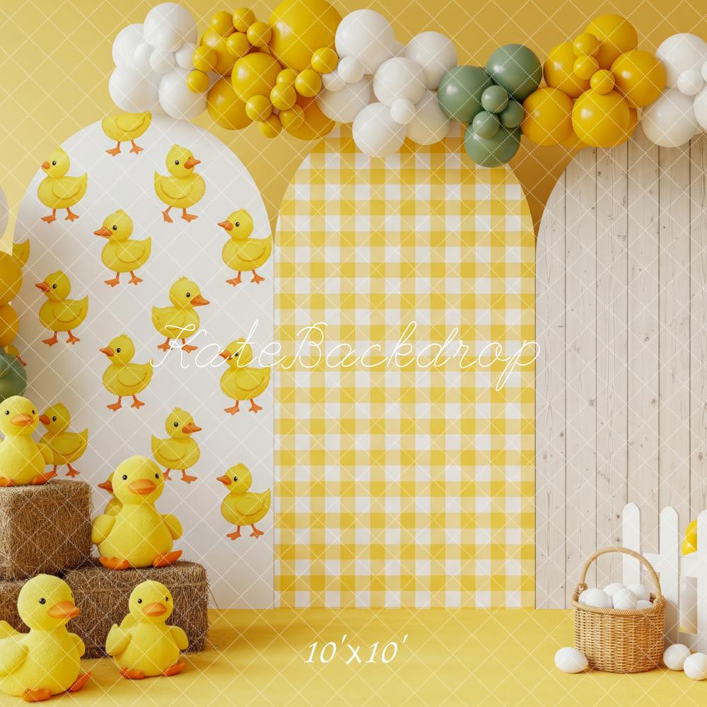 Kate Cake Smash Duckling Balloons Yellow Plaid Arches Backdrop Designed by Patty Roberts