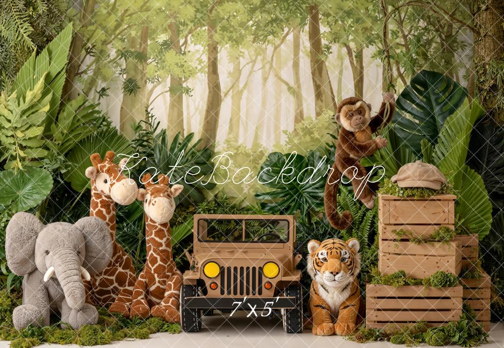 Kate Jungle Safari Jeep Giraffe Elephant Tiger Monkey Printed Backdrop Designed by Emetselch