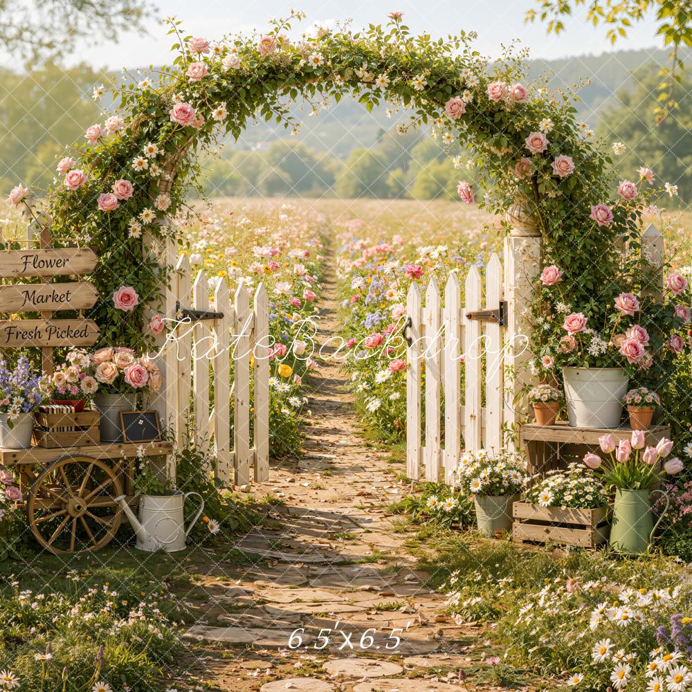 Kate Spring Flower Arch Garden Pathway White Fence Field Printed Backdrop Designed by Emetselch